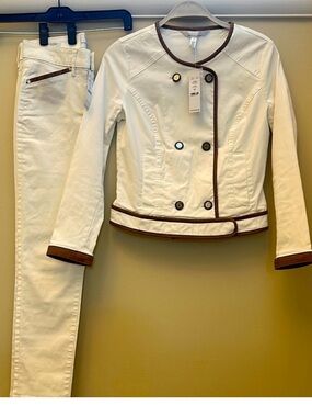 White with Brown Trim Jacket and Cropped Pants